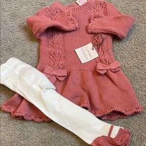 Catherine malandrino Pink Knit Dress with White Tights girls 3-6months NWT